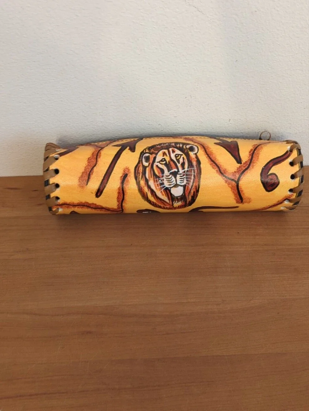 Lion Yellow Painted Leather Pencil Case Zipper Pouch
